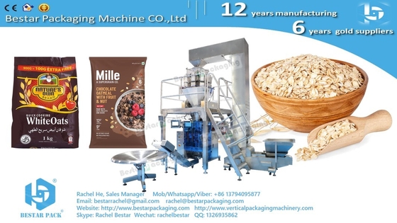 Cereal oatmeal packaging machine with automatic weigher and double sides labeling BSTV-450AZ