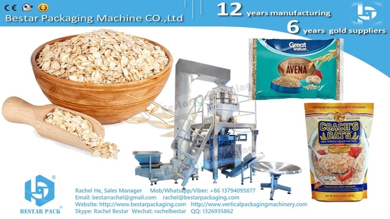 Cereal oatmeal packaging machine with automatic weigher and double sides labeling BSTV-450AZ