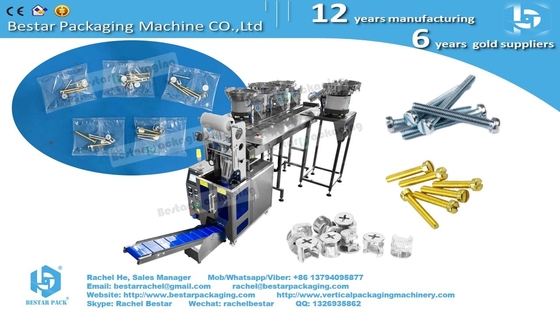 Furniture fitting hardware packaging machine with 4pcs counting bowls and customized bucket conveyor