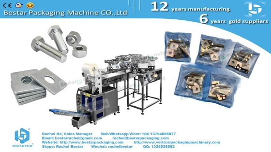 Furniture fitting hardware packaging machine with 4pcs counting bowls and customized bucket conveyor