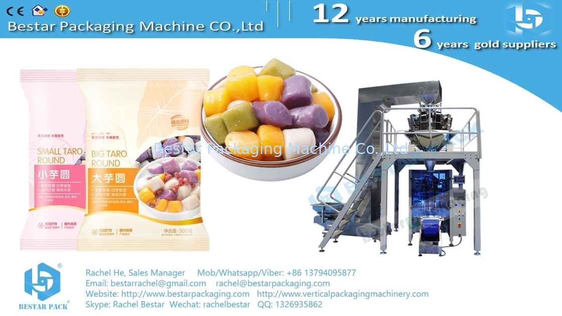 How to pack frozen taro ball pouch by weighing and packing machine BSTV-450AZ